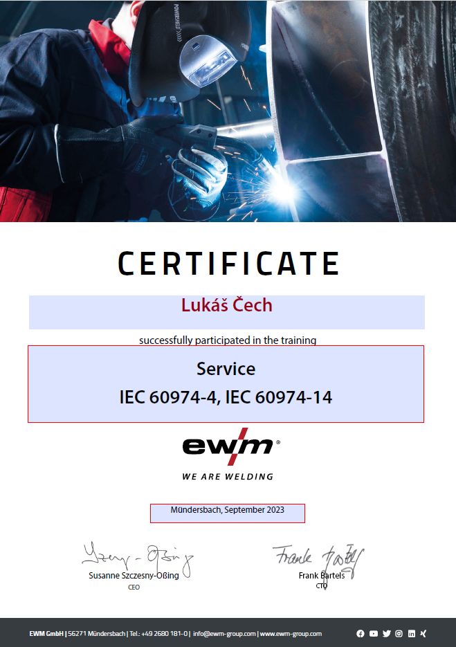 EWM certifikát ke školení FROWELD - Svařovací technika, Lukáš Čech